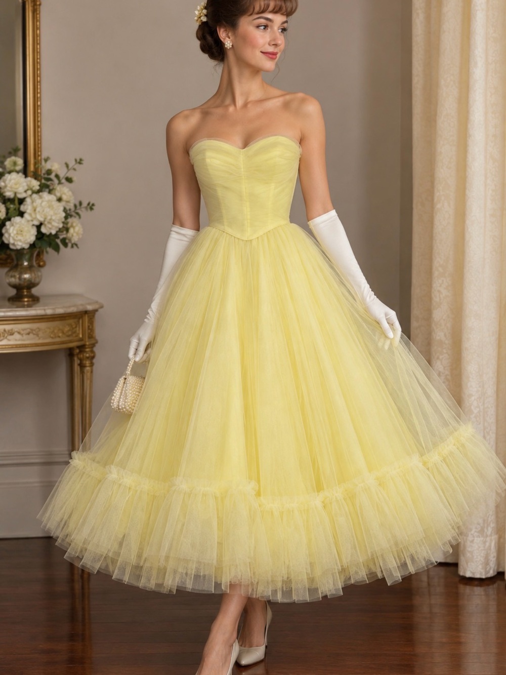 Clifton Wilhite Dallas Yellow Tulle Strapless Basque Waist Gown XXS